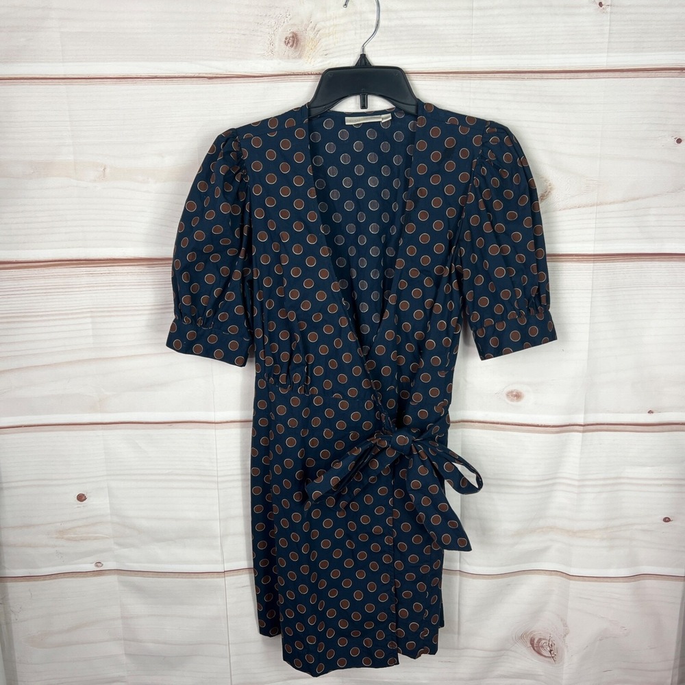 Happy X Nature Dress Women XS Blue Brown Polka Dot Wrap Puff Sleeve Cotton Woven